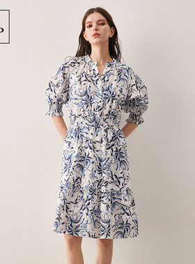 Marc O'Polo/MOP 夏季新款时尚新中式印花司马克腰气质中袖连衣裙