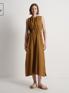 Marc O'Polo/MOP夏季棉麻亚麻V领高级设计感露腰连衣裙开叉长裙女