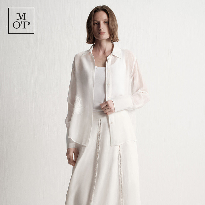 Marc O'Polo/MOP夏季新款好看时尚气质立体绣花白色女士长袖衬衫