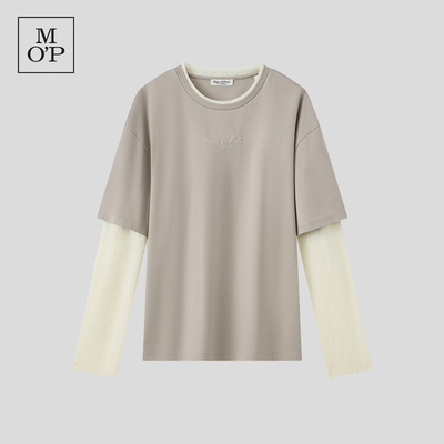 MOP假两件宽松圆领长袖T恤女