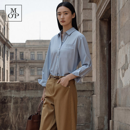 MOP刺绣logo纯棉纯色长袖衬衫女