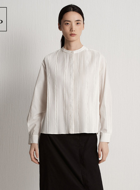 Marc O'Polo/MOP2025秋季新品纯棉通勤简约白色长袖风琴褶衬衫女