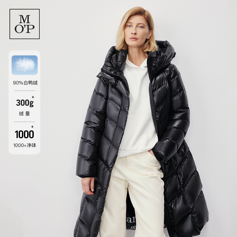 Marc O'Polo/MOP冬季新款高级白鸭绒连帽收腰中长款御寒女羽绒服