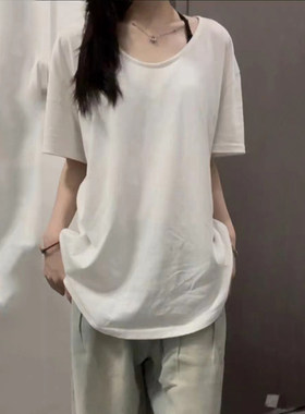 正肩V领中长款宽松慵懒短袖T恤女