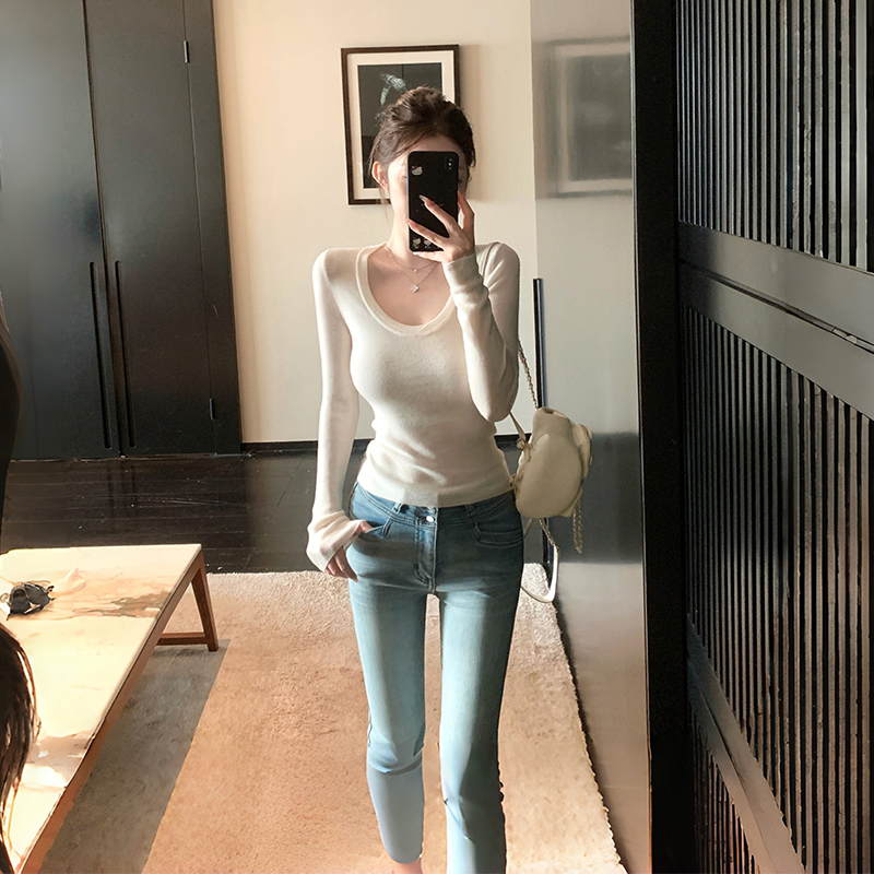 短款修身百搭U领德绒打底衫女