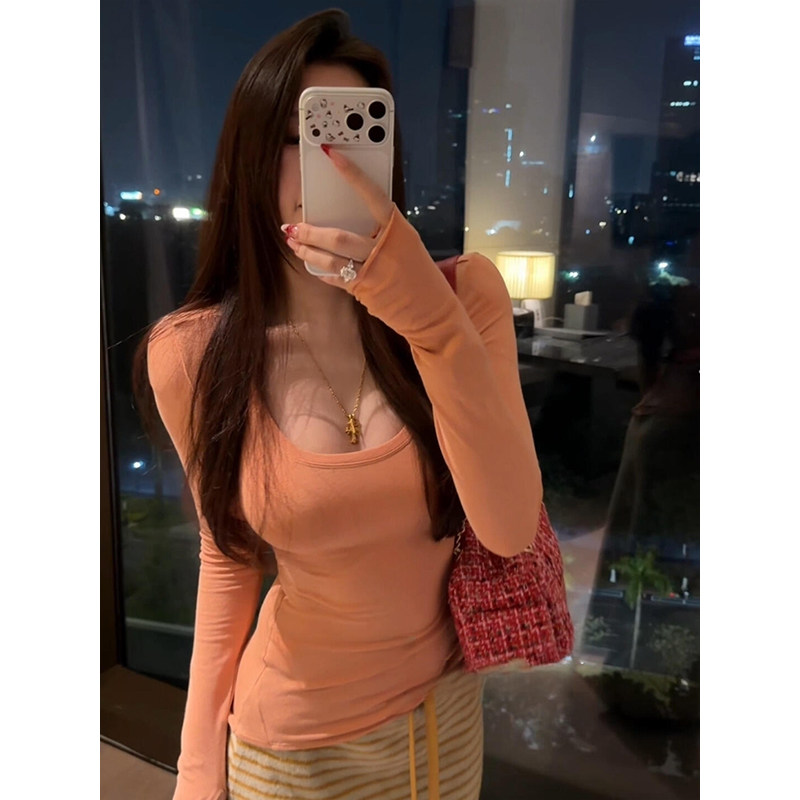 设计感小众正肩U领长袖T恤女春秋内搭短款打底衫辣妹修身纯欲上衣