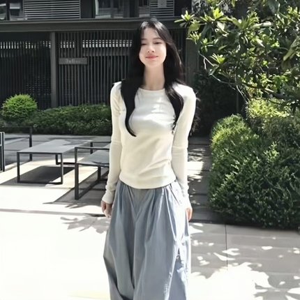 设计感小众正肩纯棉长袖T恤女春秋内搭短款打底衫修身显瘦上衣服