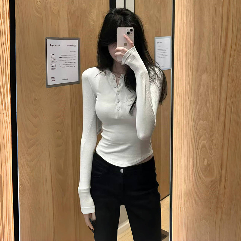 辣妹短款修身半开领纯棉长袖T恤