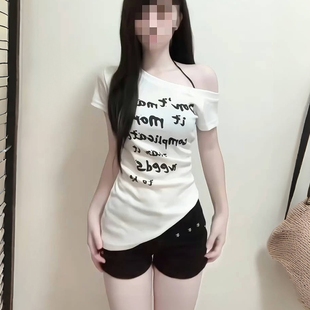 设计感小众不规则斜领露肩纯棉短袖 上衣 T恤女夏辣妹短款 收腰修身