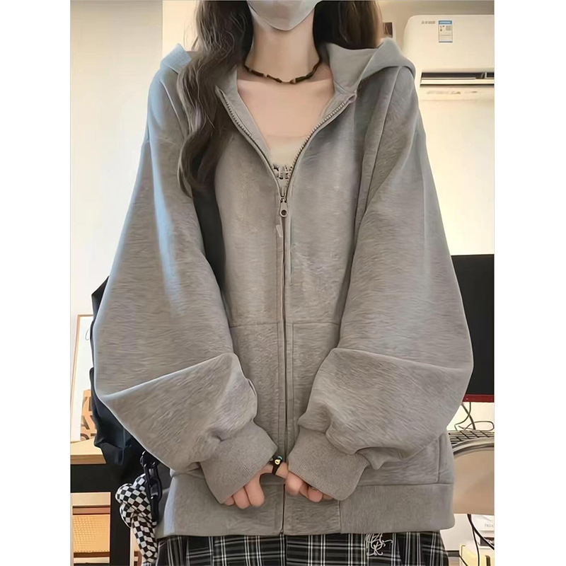 美式oversize连帽纯色薄款卫衣女