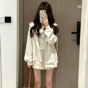 连帽卫衣女春秋oversize薄款纯色外套韩版宽松慵懒松弛开衫上衣