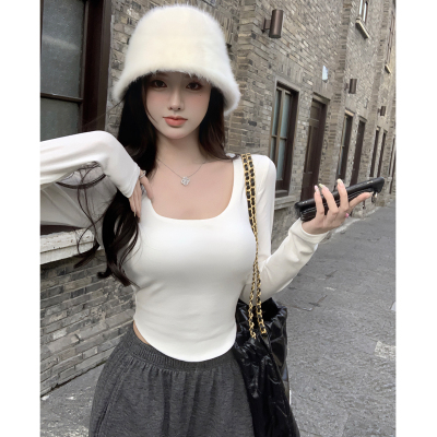 设计感U领短款紧身德绒打底衫女