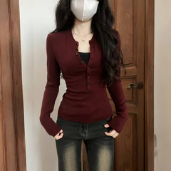 设计感小众半开领长袖T恤女春秋内搭短款打底衫美式辣妹修身上衣