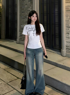 美式复古街头潮牌正肩纯棉短袖T恤女夏辣妹短款修身显瘦百搭上衣