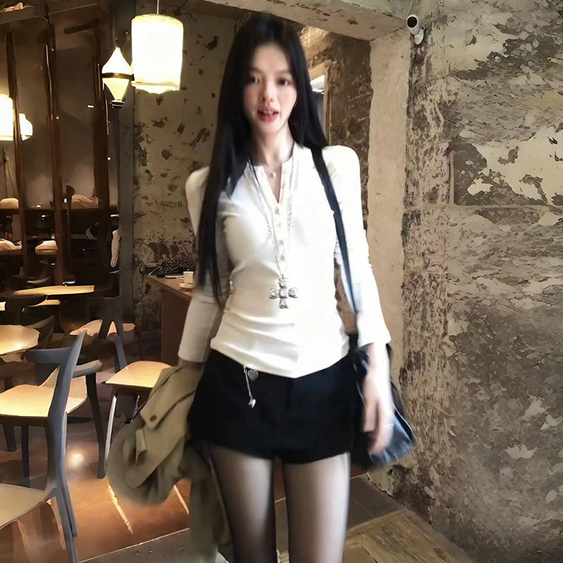 美式辣妹短款亨利领纯棉长袖T恤