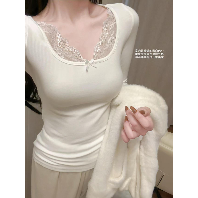 短款修身蕾丝U领德绒打底衫女