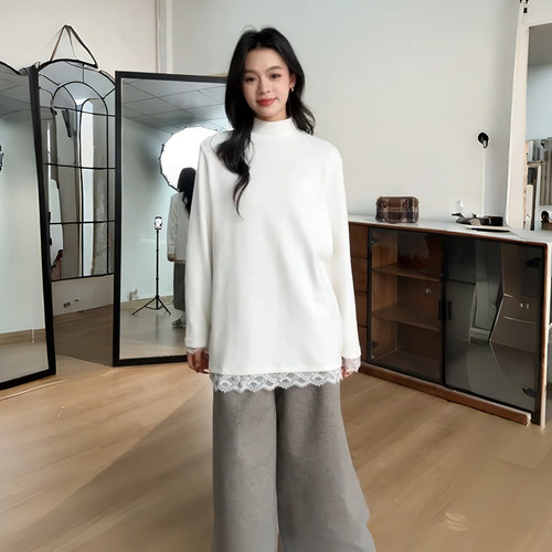 宽松百搭蕾丝半高领加绒长袖T恤