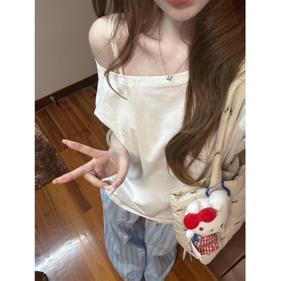 宽松显瘦斜领露肩短袖T恤女