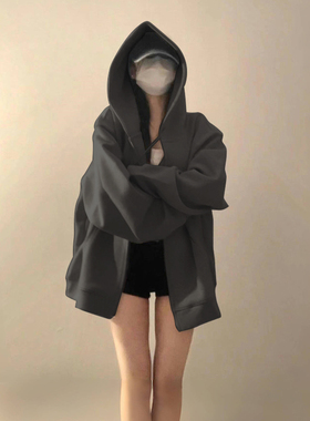 美式复古街头加绒加厚连帽卫衣女春秋oversize外套chic慵懒开衫