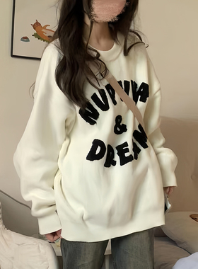 美式复古潮牌加绒加厚无帽卫衣女春秋oversize外套chic慵懒上衣