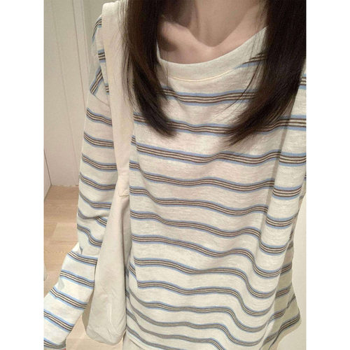 宽松显瘦圆领条纹长袖T恤女