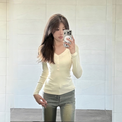 美式辣妹V领修身短款纯棉打底衫