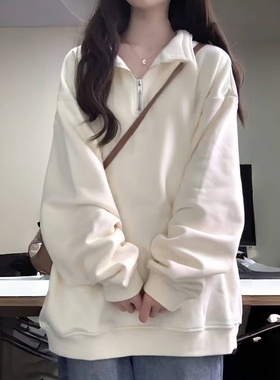 美式街头加绒加厚POLO领无帽卫衣女秋冬oversize外套chic慵懒上衣