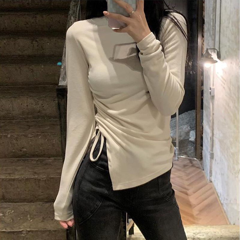 设计感抽绳不规则紧身德绒打底衫