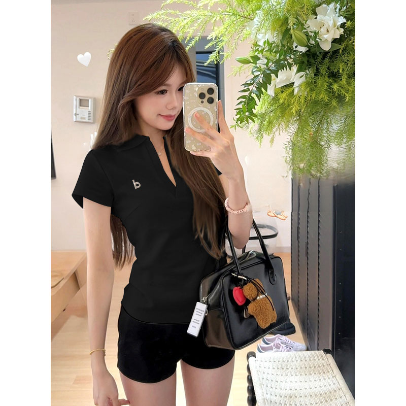 美式短款修身POLO领短袖T恤女