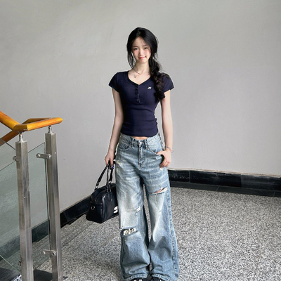 美式辣妹短款修身V领短袖T恤