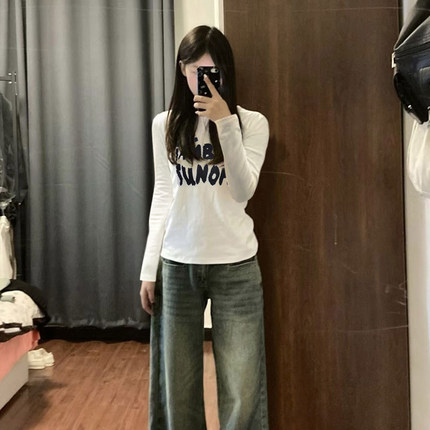 设计感小众纯棉长袖T恤女春秋冬内搭短款打底衫美式辣妹修身上衣