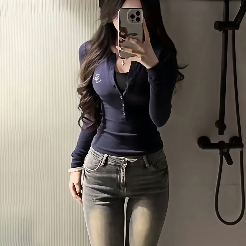 美式辣妹短款半开领纯棉长袖T恤