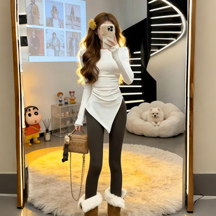不规则开叉中长款德绒打底衫女秋冬包臀收腰修身上衣加绒保暖T恤