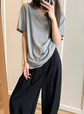 正肩纯色V领宽松显瘦短袖T恤女