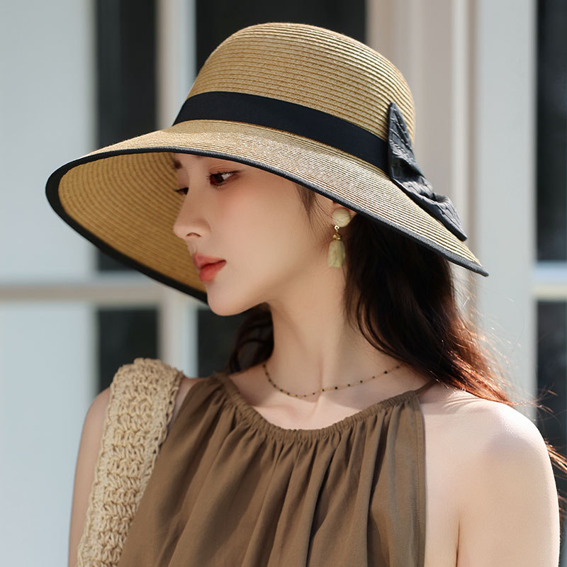 草帽女夏天防晒太阳帽子户外沙滩帽蝴蝶结大檐防紫外线遮脸