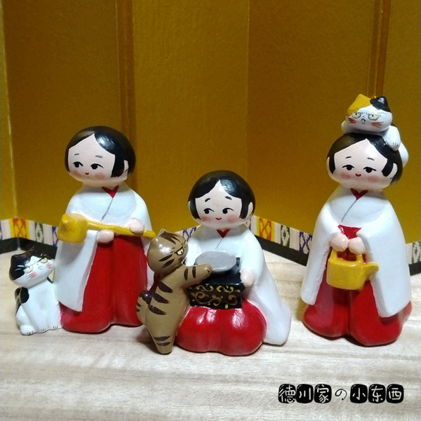 日本代购 匠人手工 生气猫咪 三巫女 三猫 可爱呆萌 黏土和风摆件