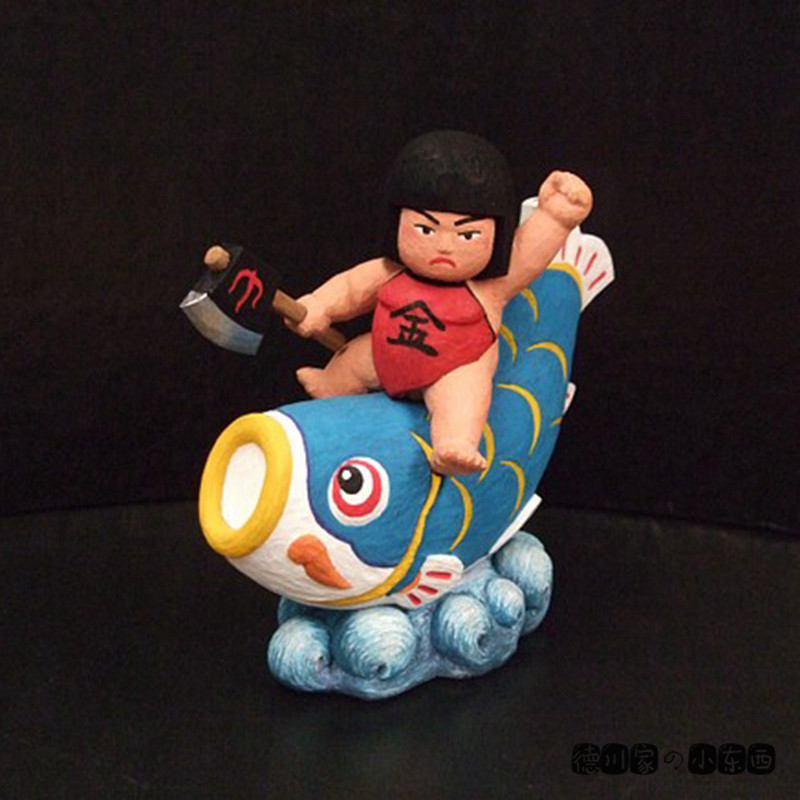 日本代购 匠人手工 传统木雕 金太郎与鲤鱼旗 精美 工艺品 摆件