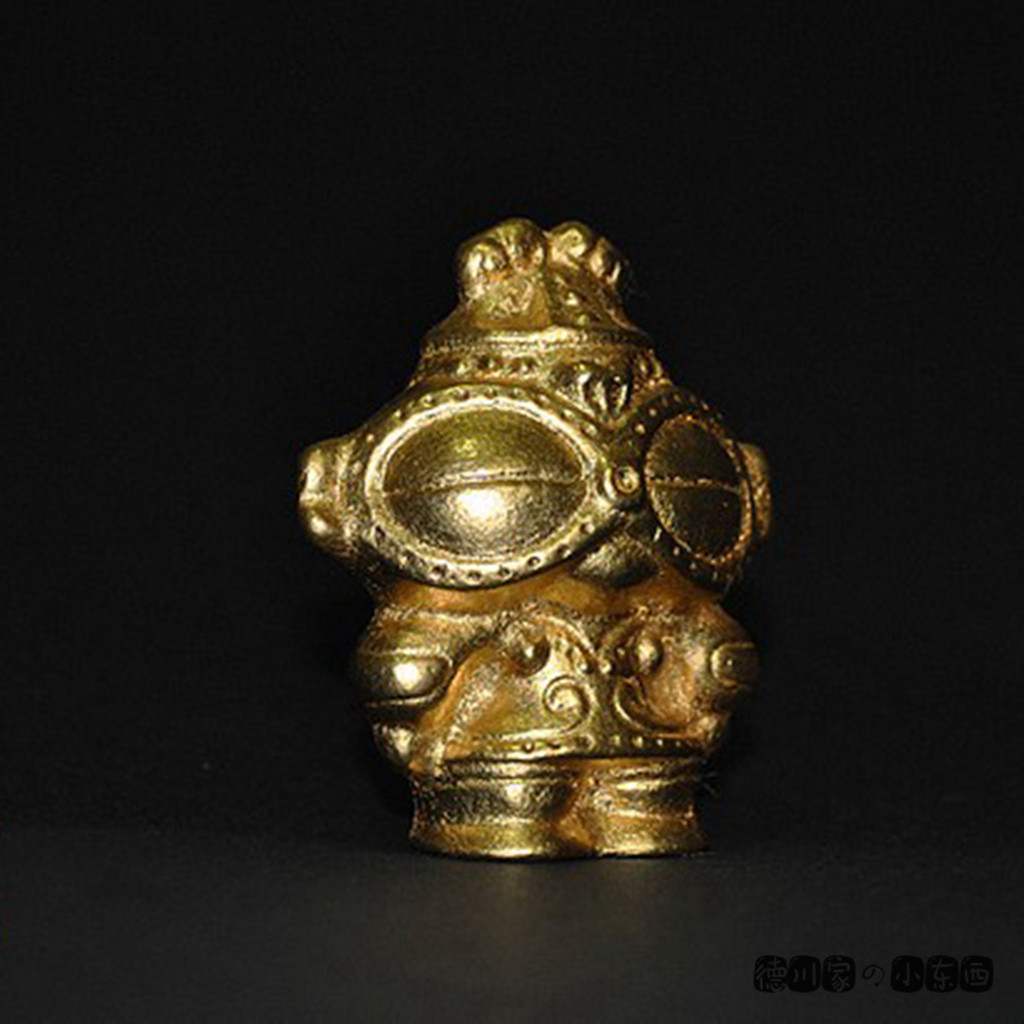 日本代购 南部铁器 绳文时代 遮光器合土偶 纯金箔铁偶 文镇 摆件