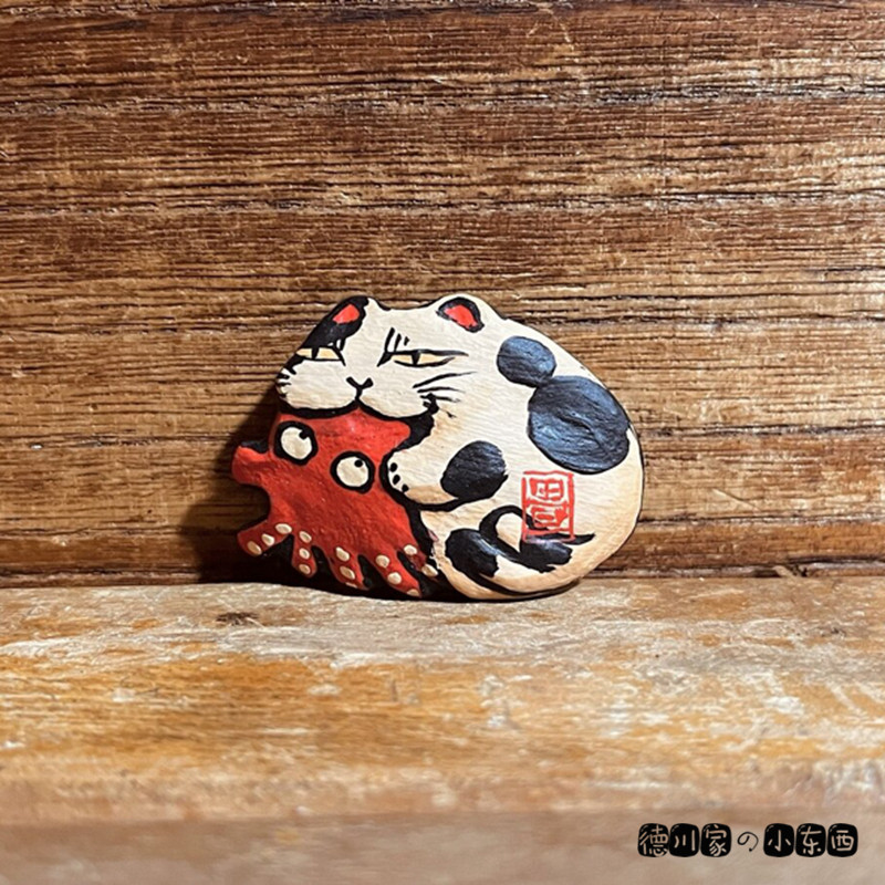 日本代购 匠人手工 昭和风日式 黏土胸针 花猫章鱼 毛衣包包别针
