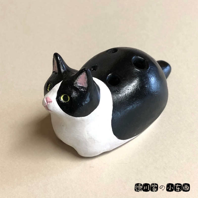 日本代购 匠人手工 猫咪玩具陶笛 黑白猫 可爱 陶瓷 发声 小摆件