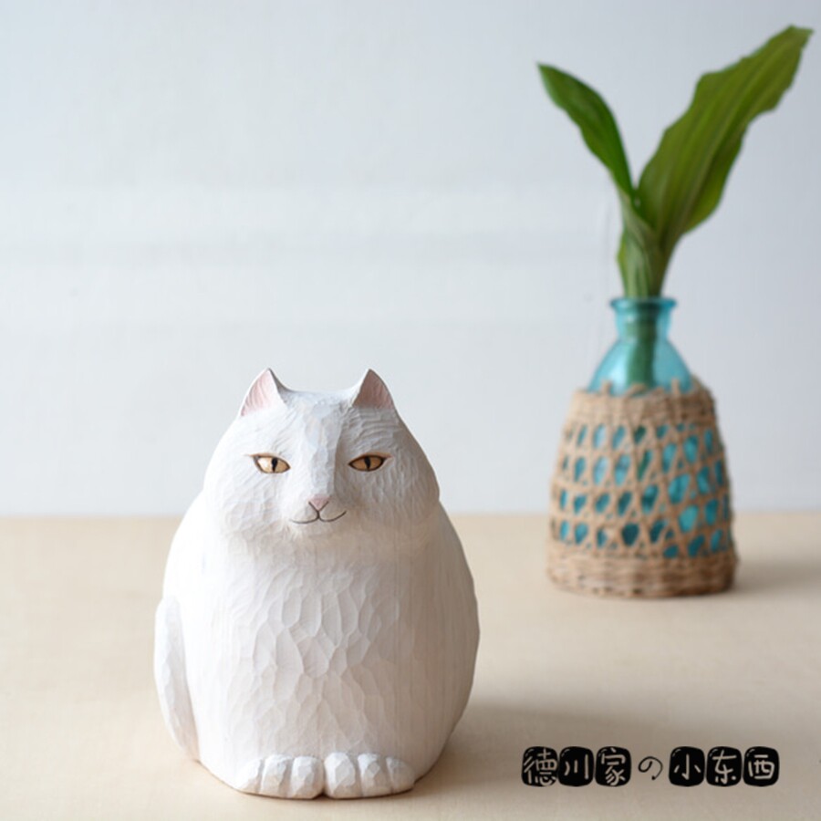 日本代购 匠人手工 木雕猫咪 白色波斯猫 木偶 可爱 民俗工艺摆件