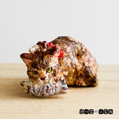 日本代购 动漫风 粗粝风猫咪 虎斑猫 吃鱼 民俗工艺品 手工制作