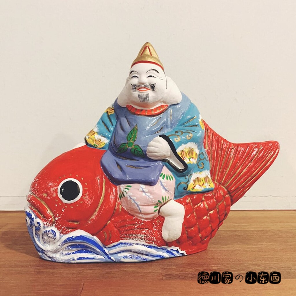 日本代购 匠人手工 坐红鲷鱼上的惠比寿七福神 好运招福 苏陶摆件