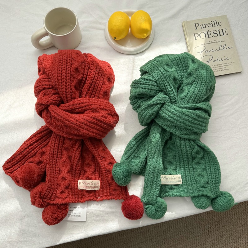 2025新款麻花毛球红色针织围巾女秋冬保暖氛围感新年圣诞情侣围脖