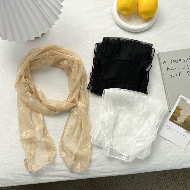 蕾丝刺绣碎花长款丝巾围巾女韩版优雅唯美透明纱巾装饰头巾披肩夏