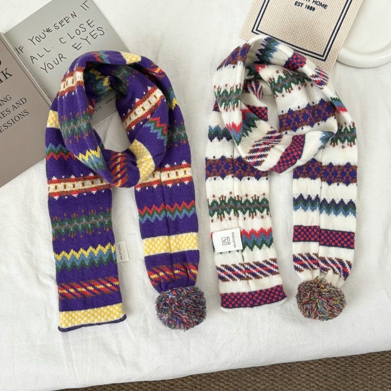 复古彩色费尔岛风毛球针织围巾秋冬韩版细窄长条条纹毛线围脖配饰,服饰配件/皮带/帽子/围巾,围巾/丝巾/披肩,淘宝优惠券,粉丝福利购,淘宝优惠卷