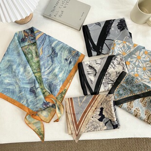 法式油画风双面印花丝巾三角巾披肩2026秋冬高级感装饰领巾屁帘