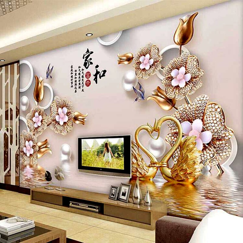 18D电视背景墙纸壁画珠宝背景墙3D立体珠宝玫瑰家和富贵背景壁纸