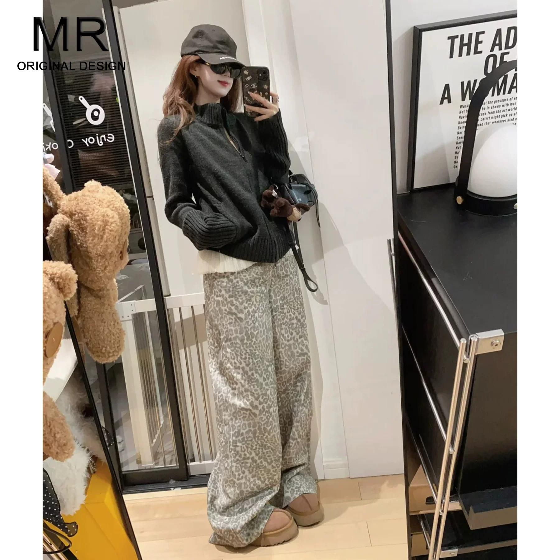 秋冬复古豹纹阔腿显瘦牛仔裤女