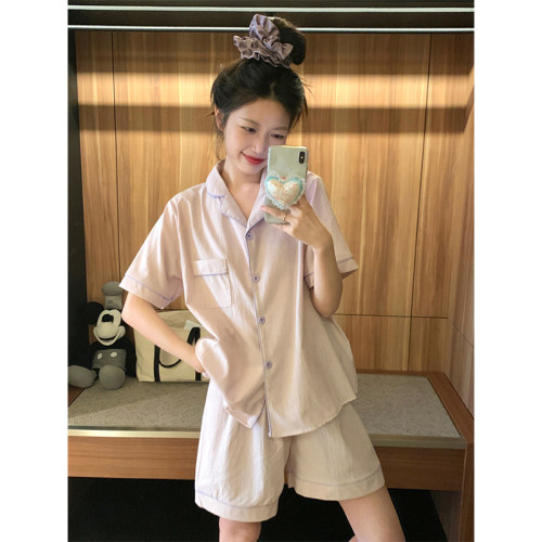 条纹棉麻睡衣女款2024新款夏季